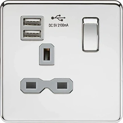 Image of KnightsBridge Screwless 13A 1G switched socket with dual USB charger (2.1A) polished chrome grey insert