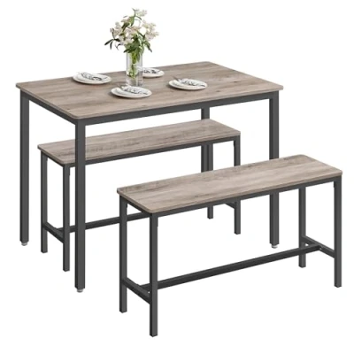 Image of VASAGLE Dining Table with 2 Benches, 3 Piece Set, Kitchen of 70 x 110 75 cm, Benches 30 97 50 cm Each, Steel Frame, Heather Greige and Ink Black KDT070B02