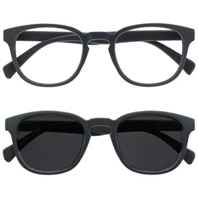 Image of Opulize Pop Twin Pack Reading Glasses Sun Readers Retro Round Smooth Matt Grey Mens Womens Spring Hinges RS2 7 +3.50