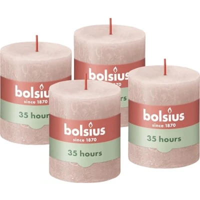 Image of Bolsius Rustic Pillar Candle Soft Pink Pack of 4 Long Burning Time 35 Hours Household Interior Decoration Unscented Natural Vegan Wax No Palm Oil 8 x 7 cm
