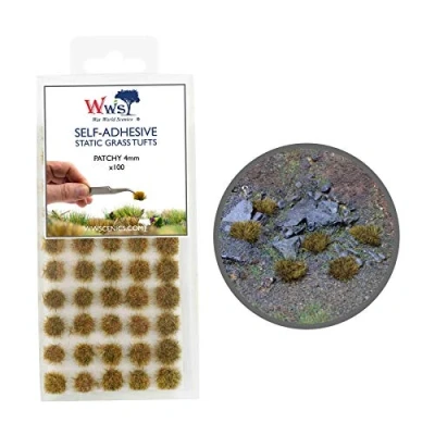 Image of War World Scenics Self Adhesive Static Grass Tufts x 100 Patchy, 4mm Model Railway Wargame Scenery Railroad Modelling Diorama Miniature Hobby Tabletop
