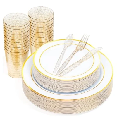 Image of MATANA 300 Pcs Reusable White &amp; Gold Plastic Dinnerware Set for 50 Guests Dinner Plates, Dessert 10oz Glitter Cups Cutlery Weddings, Birthdays Parties