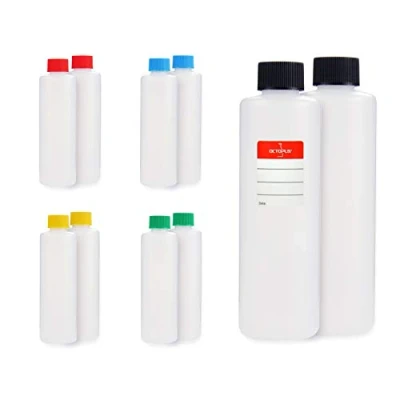 Image of Octopus 10 x 250 ml plastic bottles, HDPE round bottles with colorful screw caps, empty incl. labels