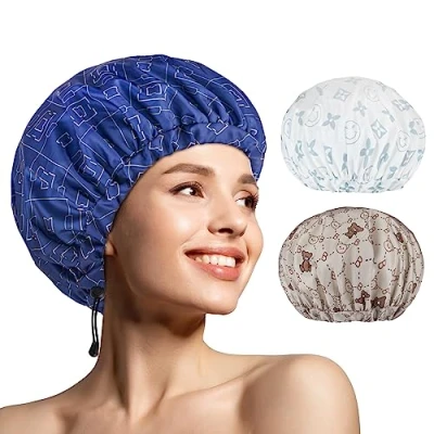 Image of WINSTECK 3 PCS Shower Caps for Women, Upgrade Comfortable &amp; Extra Large Double Layers Waterproof Bath Cap, Oversized Designed Adjustable Hem Hair Cap All Lengths/Style