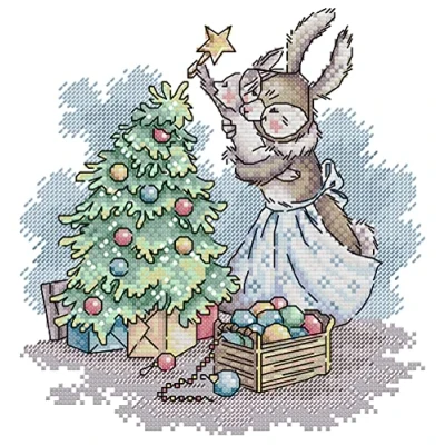 Image of Awesocrafts Cross Stitch Stamped Kits Christmas Bunny Easy Patterns Stitching Embroidery Needlework Kit Supplies (Bunny)