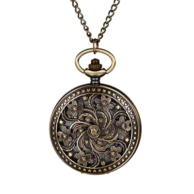 Image of JewelryWe Vintage Pocket Watch Retro Bronze Flower Pendant Analog Quartz Necklace with Chain, for Mother’s Day