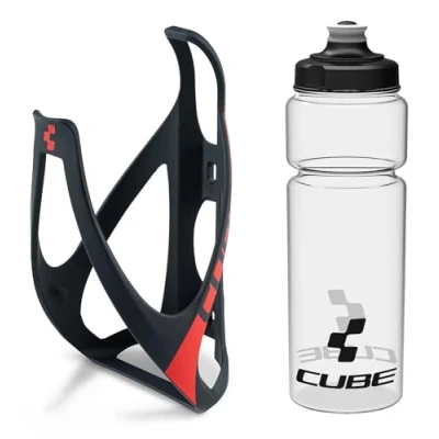 Image of Cube HPP Cage Matt Black/Red &amp; Icon Bottle Clear, 750ml / Water Drink Flask Vessel Bidon Holder Mount Bracket Kit Lightweight Plastic Drinking Hydration Biking Bike Riding Frame Accessories
