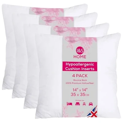 Image of I&amp;S Home Cushion Inserts 35cm x (14&quot;x14&quot;) Square Inner Pads Bounce Back Polyester Filler Hypoallergenic Scatter Cushions for Sofa and Couch Pack of 4