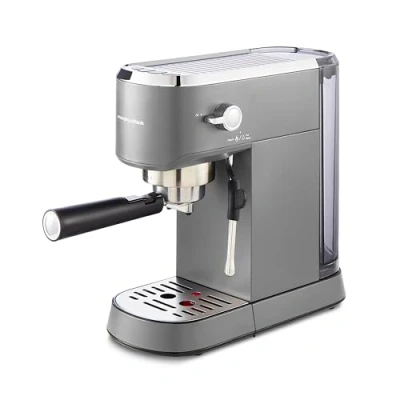 Image of Morphy Richards Signature Compact Espresso Maker, Ground Coffee, Dual Cup, Illuminated Buttons, 1L Water tank, Steam Control, Milk Frother Wand, includes Tamper, Spoon, Stainless Steel, Grey, 172026