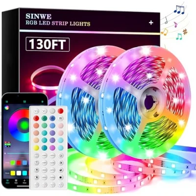 Image of SINWE Led Lights for Bedroom, Music Sync Strip with 44 Keys Remote and App Control, Color Changing RGB Room Home Kitchen Party Christmas Decoration (130ft)