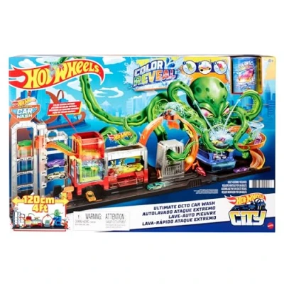 Image of Hot Wheels City Ultimate Octo Car Wash Playset with No Spill Water Tanks &amp; 1 Color Reveal that Transforms Water, 4+ ft Long, Connects to Other Sets, Gift for Kids 4 Years Old Up, HBY96