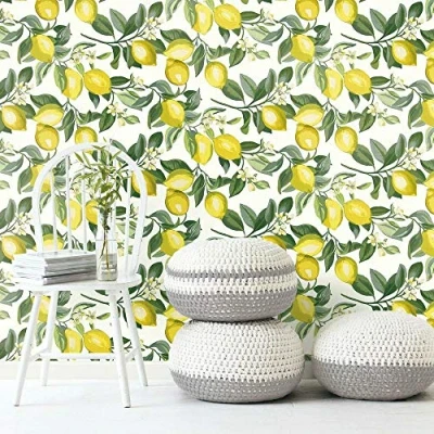 Image of RoomMates RMK11655WP Lemon Zest Yellow and White Peel Stick Wallpaper
