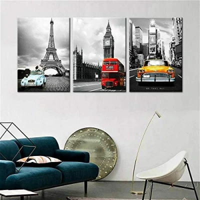 Image of Black White Paris Eiffel Tower London Big Ben New York City Poster Canvas Painting Landsmark Wall Art Building Print Home Decor 40x60cmx3 pcs no frame