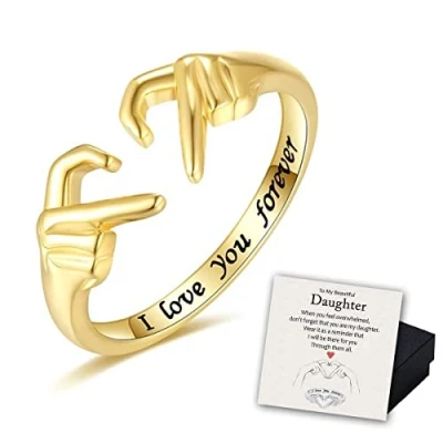Image of oos To My Beautiful Daughter I Love You Forever Ring, S925 Sterling Hand Heart Ring for Daughter, Adjustable Friendship Promise Jewelry Gifts Women Teen Girls (Gold)