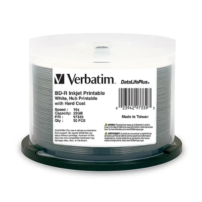 Image of Verbatim BD R 25GB 16X Blu ray Recordable Media Disc DataLifePlus White Inkjet Hub Printable 50pk Spindle 97339