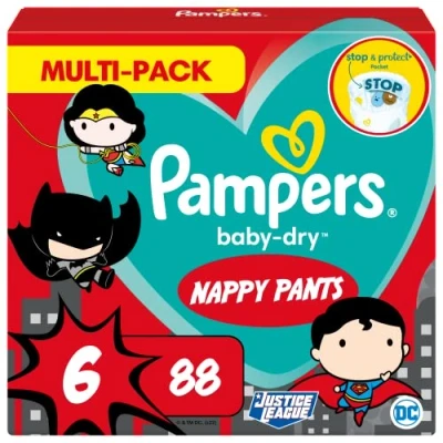 Image of Pampers Baby Nappy Pants Size 6 (15+ kg/33 Lb), Dry Superhero, 88 Nappies, MONTHLY SAVINGS PACK, With A Stop &amp; Protect Pocket