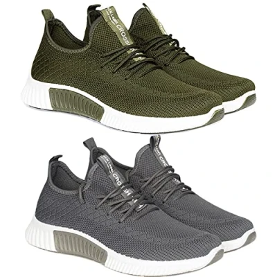 Image of Crosshatch New Mens (2 Pack) Trainers Lace up Boys Lightweight Running Sports Gym Shoes Sneaker UK Olive/Grey 9