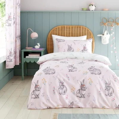 Image of Catherine Lansfield Bunny Tails Ditsy Flowers Reversible Junior Duvet Cover Set with Pillowcase, Pink