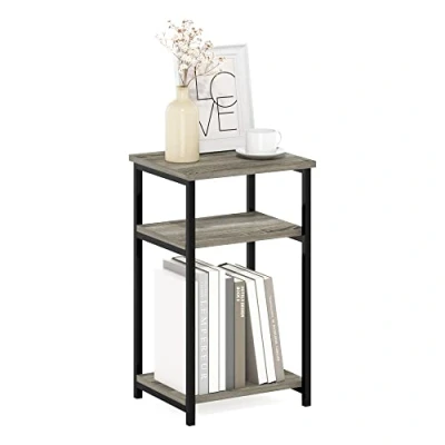 Image of Furinno Metal Frame End Table with Storage Shelves, Engineered Wood, French Oak, 1 Pack