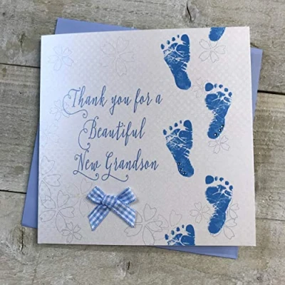 Image of Thank You for A Beautiful New Grandson Handmade Card Footprints by WHITE COTTON CARDS WB224 BGS,16cm x 16cm