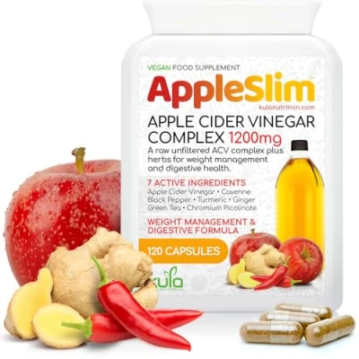 Image of AppleSlim Raw Unfiltered Apple Cider Vinegar Capsules Complex for Weight Management and Digestion Green Tea, Ginger, Turmeric, Black Pepper Chromium Blood Sugar Support 120 Vegan Tablets