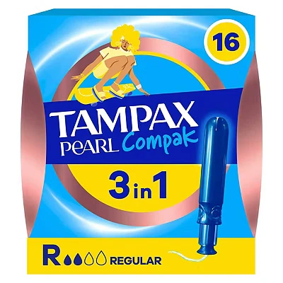 Image of Tampax Compak Pearl Tampons, Regular With Applicator, 64 Tampons (16 x 4 Packs), Leak Protection And Discretion