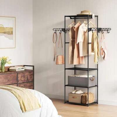 Image of Clothes Rail Rack Garment Hanging Organizer Coat Storage Shelf, Black Woltu