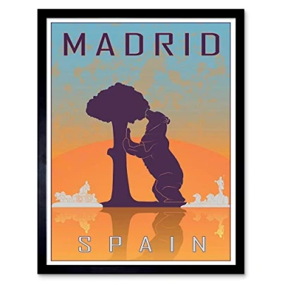 Image of Wee Blue Coo Travel Tourism Madrid Spain Bear Madrono Tree City Symbol Art Print Framed Poster Wall Decor 12X16 Inch