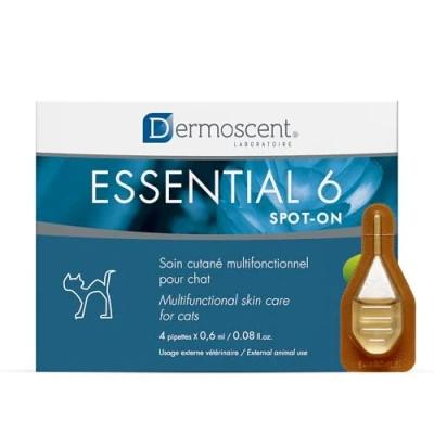 Image of Dermoscent Essential 6 spot on for Cats Skin Care Dandruff Dry or Oily &amp; Hair Loss Natural Oils Fatty Acids a Healthy Coat 4 Pipettes of 0.6 ml / 0.08 fl. oz