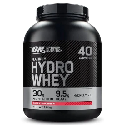 Image of Optimum Nutrition Platinum Hydro Whey, Hydrolysed Whey Protein Isolate Powder with Essential Amino Acids, Glutamine and BCAA, Super Strawberry Flavour, 40 Servings, 1.6 kg