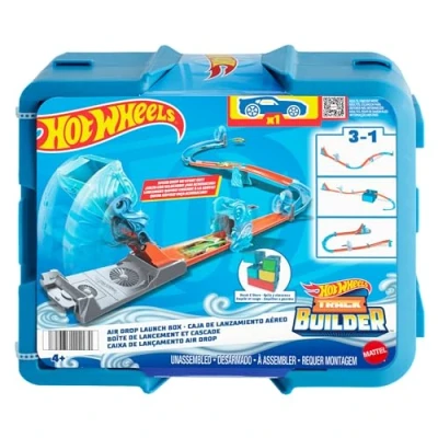 Image of Hot Wheels Track Set, Blue Deluxe Builder Pack with Wind Themed Accessories in Stackable Toy Storage Box 1 Car, HNJ67