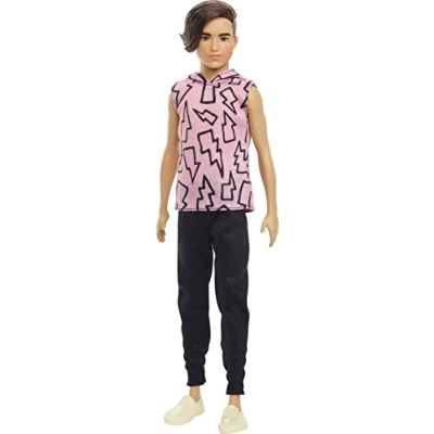 Image of Barbie Ken Fashionistas Doll #193, Slender, Rooted Brown Hair, Lightning Bolt Hoodie, Black Pants, Slip On Shoes, For Kids 3+