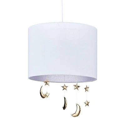 Image of Relaxdays Kids Ceiling Light, Hanging Moons &amp; Stars, E27, Pendant Lamp Fixture for Children, HxD 168 x 35 cm, White/Gold, Cotton