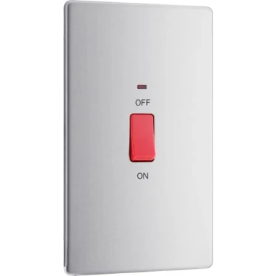 Image of BG Electrical Large Cooker Control Switch Unit with LED Power Indicator, Double Plate, Pole, Screwless Front Premium Flatplate, Brushed Steel, 45A, FBS72