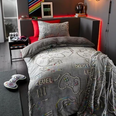 Image of Catherine Lansfield Game Over Glow in the Dark Fleece Single Duvet Cover Set with Pillowcase Black