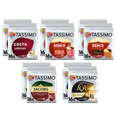 Image of Tassimo Black Coffee pods Bundle Costa Americano, Kenco Pure Colombian/Americano Grande, L&#039;Or Classique XL, Jacobs Caffe Crema Classico XL Pack of 10 (160 Servings)