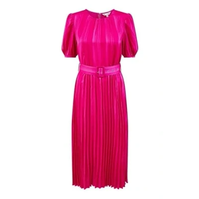 Image of Yumi Womens Pink Satin Striped Midi Dress With Pleats and Matching Belt Size 8 UK