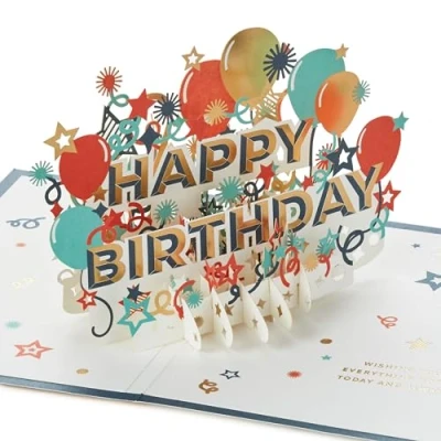 Image of Hallmark Birthday Card, 3D Design, Pop Up Colourful Banner, Balloons, Stars, Blue, Red, Gold