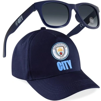 Image of MANCHESTER CITY F.C. Baseball Cap or Bucket Hat and Kids Sunglasses Set Summer Sun 100% UV Holiday Essentials Boys Gifts (Navy Cap)