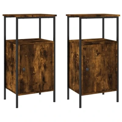 Image of vidaXL Bedside Cabinets in Smoked Oak Engineered Wood and Iron Frame Industrial Style, Drawers, Bedroom Storage Units.