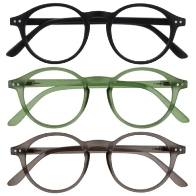 Image of OPULIZE REY Reading Glasses 3 Pack Retro Round Frame Matt Black, Green, Grey Mens Womens Spring Hinges RRR56 167 +2.50