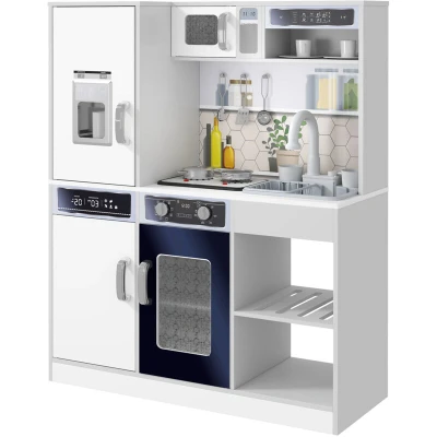 Image of AIYAPLAY Play Kitchen, Pretend Toy Kids Kitchen Playset with Sounds and Lights Cooking Stove, Running Water, Coffee Maker Refrigerator, Microwave, Accessories