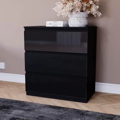 Image of Vida Designs Glinton High Gloss Chest of Drawer, 100% FSC Certified Drawers for Clothes Closet Organizers and Storage Cabinet Hallway, Entryway (Black, 3 Drawer)