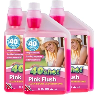 Image of 40Shot Pink 3 Pack x 1L Flush Rinse Concentrate 120 Doses Limescale Prevention &amp; Fresh Water Biodegradable pH Neutral