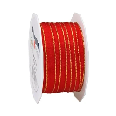 Image of Präsent Manhattan Wired Taffeta Ribbon Red Gold 25 m Roll 10 mm width