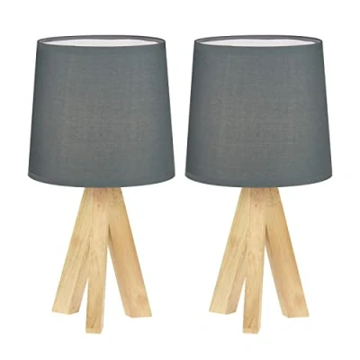 Image of firstchoicelighting Set of 2 Natural Wooden Table Lamps or Bedside Lights, Modern Tripod Design, Grey Fabric Shade, 36cm Height, LED Compatible