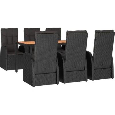 Image of Vidaxl 7 Piece Garden Dining Set Black Poly Rattan&amp;Solid Wood Acacia