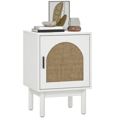 Image of HOMCOM Rattan Bedside Table, Boho Cabinet with Adjustable Shelf and Solid Wood Legs, Side Table for Living Room, Bedroom, White