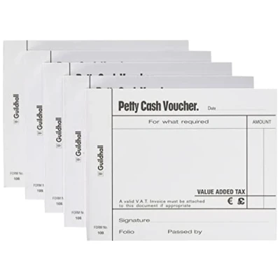 Image of Exacompta Ref 103 WHTZ Guildhall Petty Cash Vouchers, 101 x 127mm, 70gsm Paper, 100 Sheets per Pad, Pre Printed Headings for Accurate Recording White, Pack of 5