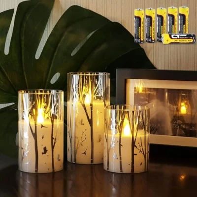 Image of Rhytsing Birch Design Glass Battery Operated LED Candles with Timer, Flameless Pillar Spring &amp; Summer Decor, Batteries Included Set of 3